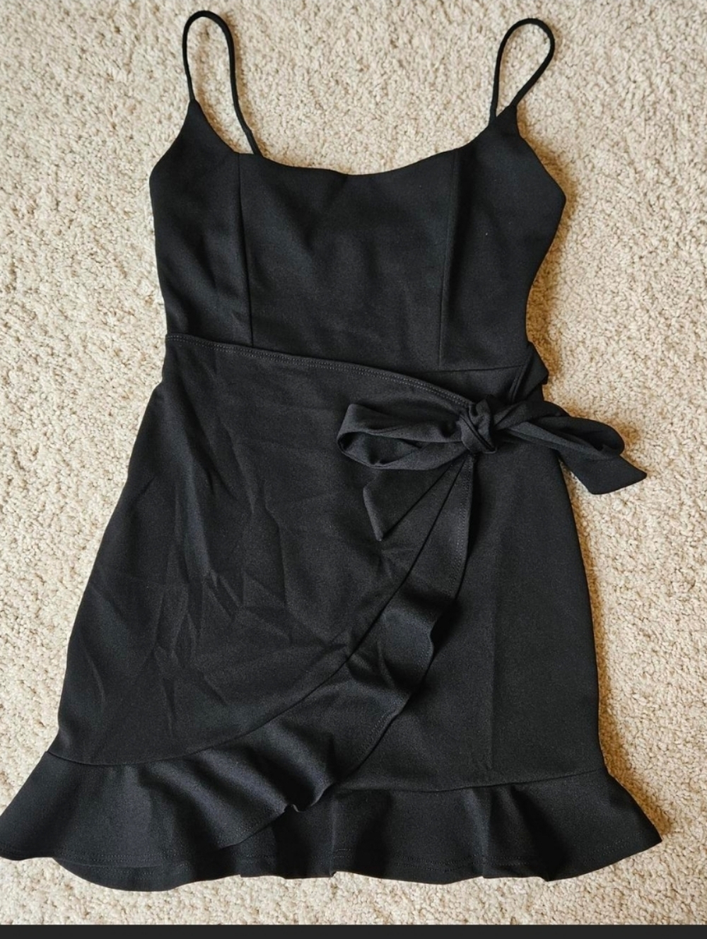 Lucy in the Sky Black Spaghetti Strap Ruffle Wrap Mini Dress